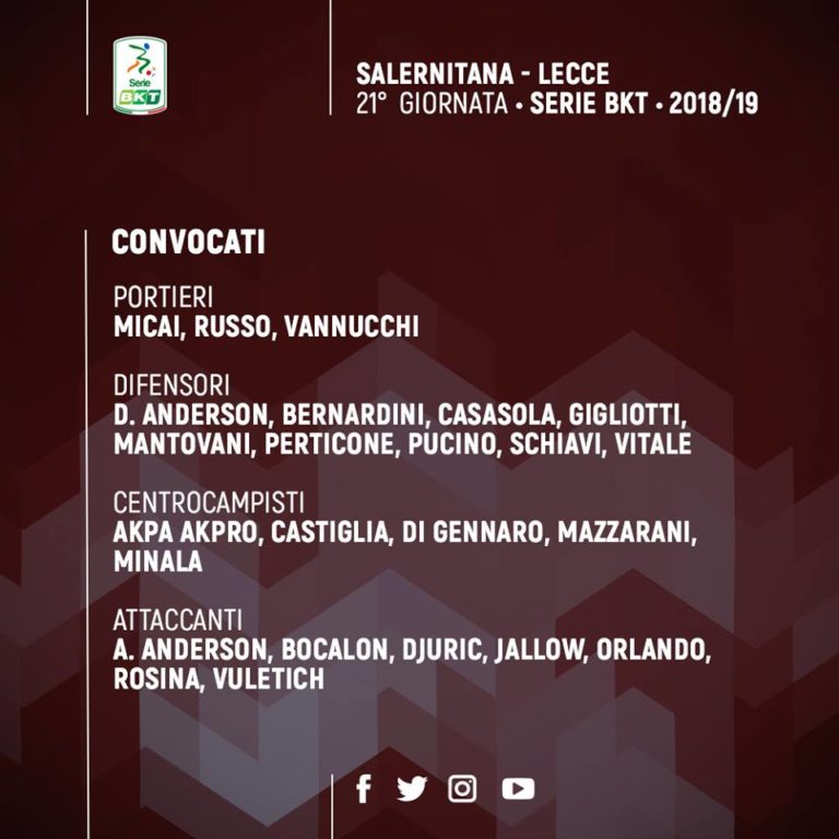 Salernitana-Lecce, Di Gennaro torna tra i convocati