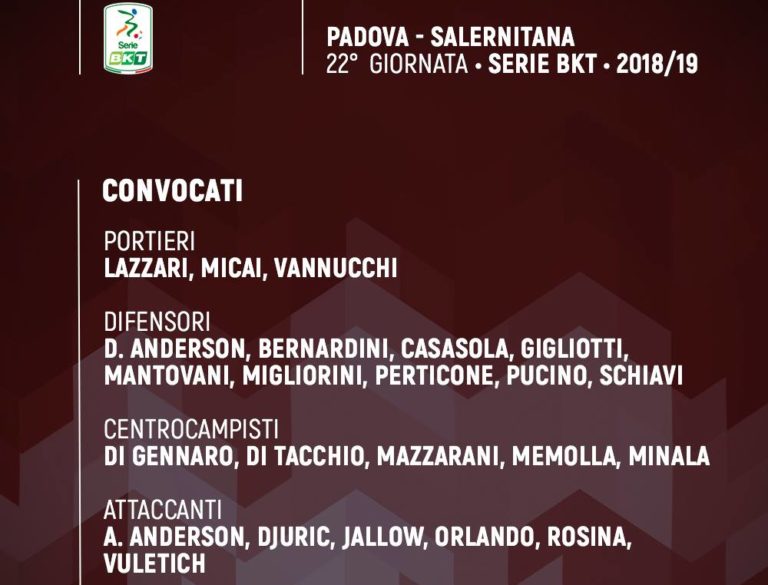 Salernitana, i convocati per la gara contro il Padova