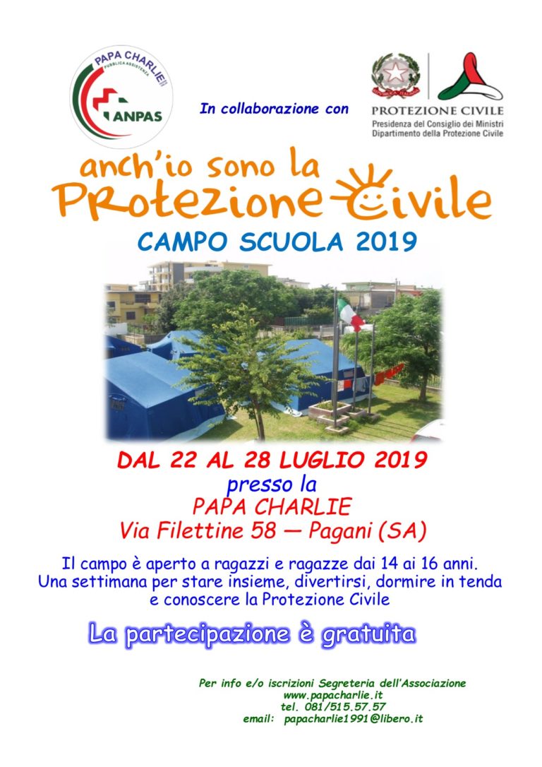 Pagani, Campo Scuola “Anch’io sono la protezione civile 2019”