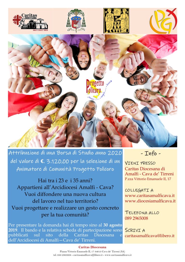 Caritas Amalfi Cava: selezioni per Progetto Policoro con borsa di studio di 3000 euro