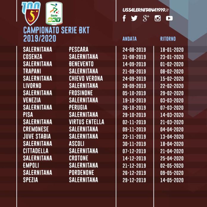 Calendario SalernitanaPescara all'esordio, alla terza arriva il Benevento