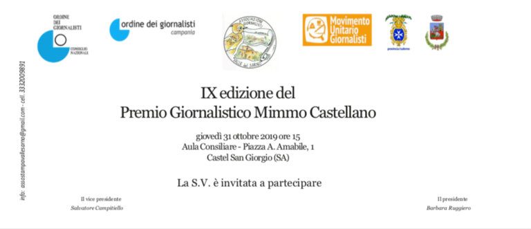 Castel San Giorgio, il 31 ottobre il premio giornalistico “Mimmo Castellano”