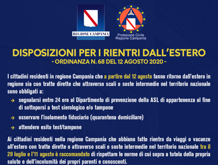 Regione Campania, nota dell’Unità di Crisi sui rientri in regione