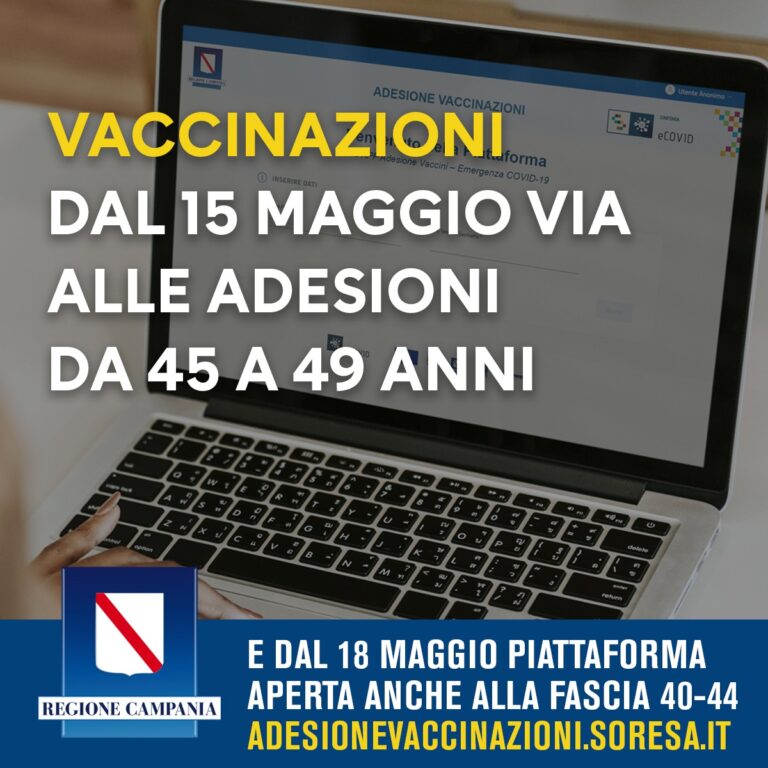Vaccini Campania, da domani via a prenotazioni per 45-49enni