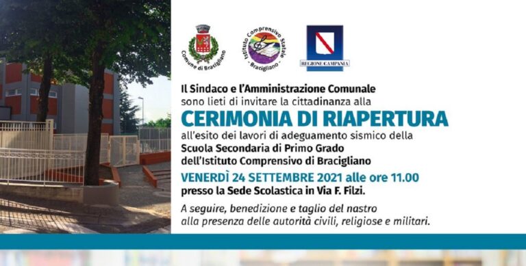 Bracigliano, il 24 settembre l’inaugurazione della scuola media ”Filzi”